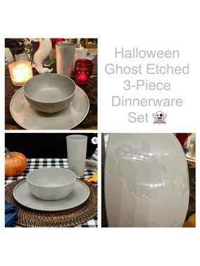 New Halloween Ghost Etched 3-Piece Dinnerware Set Plate Bowl Tumbler - Gray